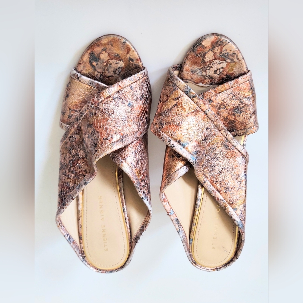 Etienne Aigner Lido Cork Metallic Leather Block Heel Sandal Size 10M